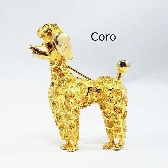 Vintage CORO Dog Brooch Pin, Gold Tone, Textured Poodle Pin, Red Rhinestone Eye - Picture 1 of 10